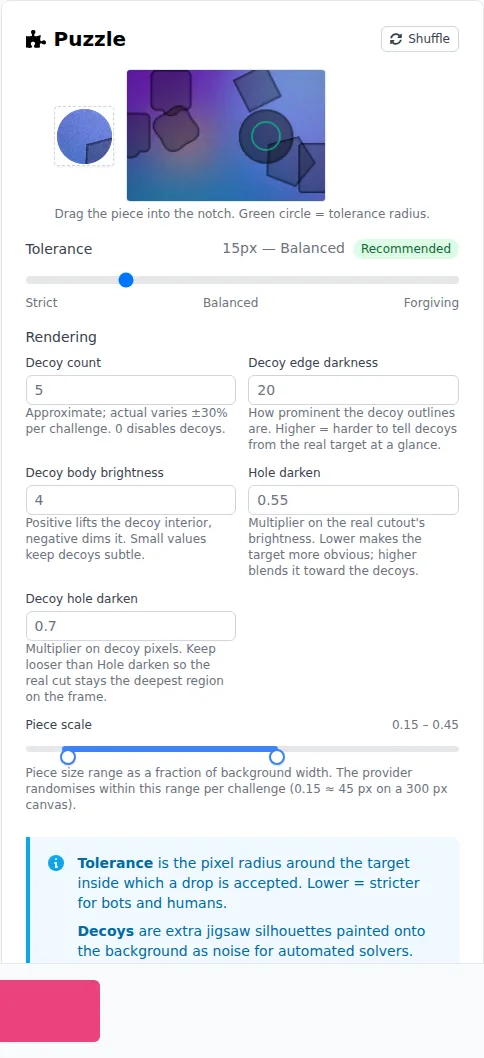 prosopo puzzle CAPTCHA settings and preview
